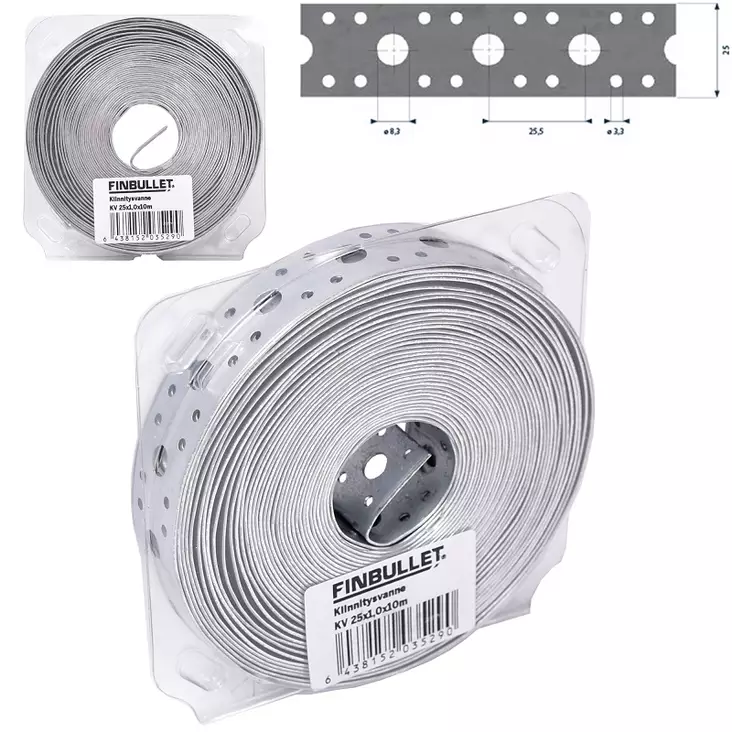 Fästeband 25 mm x 1,0 mm x 10 m, med 3,3/8,3 mm hål - Andra fästtillbehör - 6438152035290 - 1