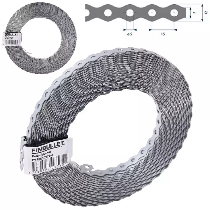 Fästband 12 mm x 0,7 mm x 25 m, med 5 mm hål - Andra fästtillbehör - 6438152035320 - 1