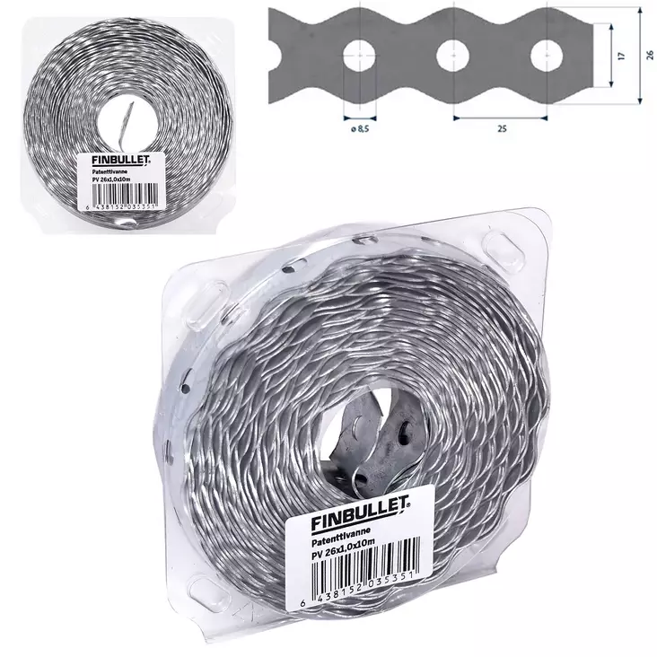 Patenterad fäste 26 mm x 1 mm x 10 m, 8,5 mm hål - Andra fästtillbehör - 6438152035351 - 1