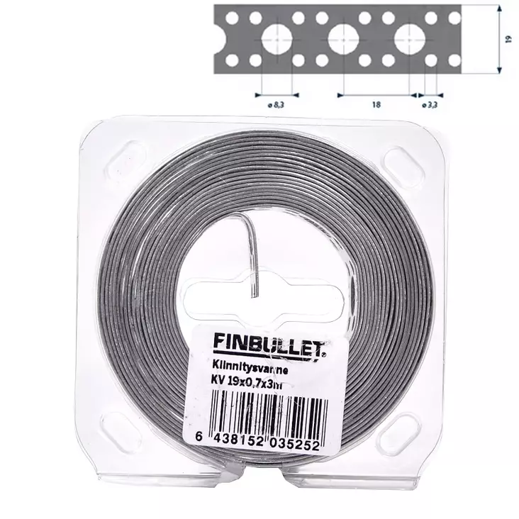 Fästband 19 mm x 0,7 mm x 3 m, med 3,3/8,3 mm hål - Andra fästtillbehör - 6438152035252 - 1