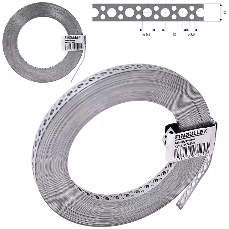 Fixeringsband 12 mm x 0,7 mm x 25 m, med 3,3/6,2 mm hål - Andra fästtillbehör - 6438152035245 - 1