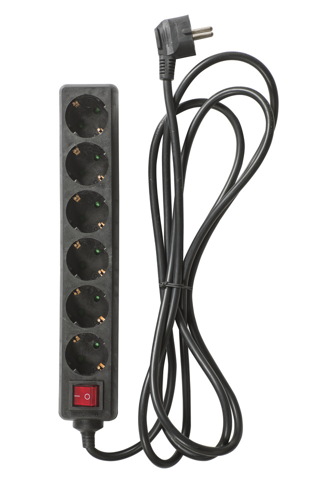 6-vägs förlängningssladd + brytare svart 3m - Förlängningssladdar - 6435200256676 - 1