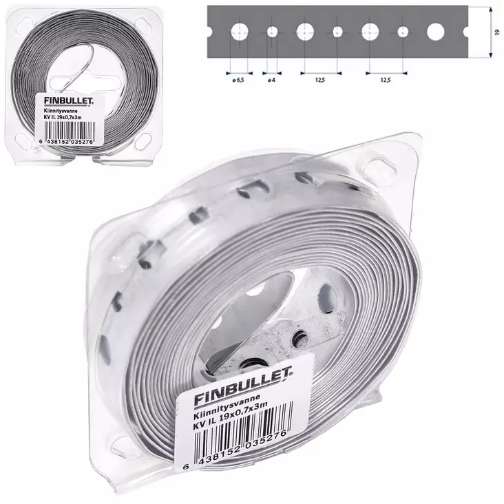 Fäste 19 mm x 0,7 mm x 3 m, 4/6,5 mm hål - Andra fästtillbehör - 6438152035276 - 1