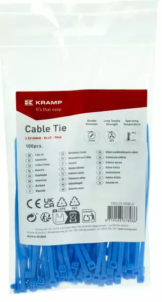 Buntband 2,5x100mm, blå, 100 st - Kabelband - 8719493378986 - 1