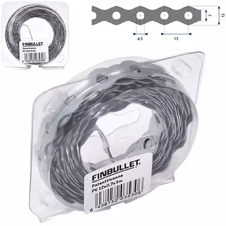 Patenterat band 12 mm x 0,7 mm x 3 m, med 5 mm hål - Andra fästtillbehör - 6438152035306 - 1