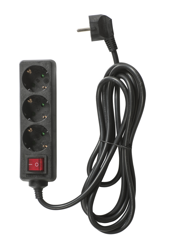 3-delad förlängningssladd + strömbrytare svart 3m - Förlängningssladdar - 6435200256638 - 1