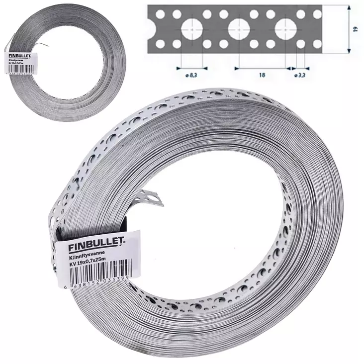 Fästeband 19 mm x 0,7 mm x 25 m med 3,3/8,3 mm hål - Andra fästtillbehör - 6438152035399 - 1